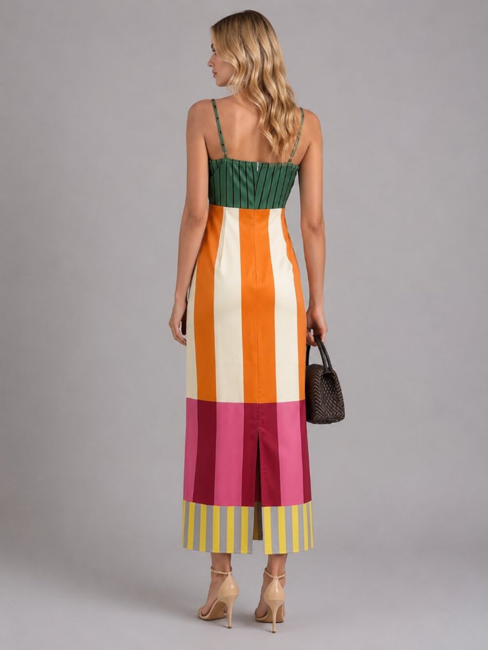 Women's Colorblock Striped Bodycon Maxi Dress Spaghetti Strap Beach Vacation - Picture 3 of 5